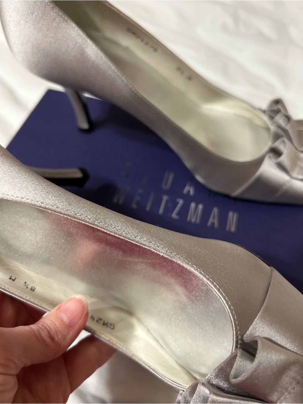 Stuart Weitzman Silver Satin Peep-Toe Pumps with Ruffle Accent - Picture 6 of 8